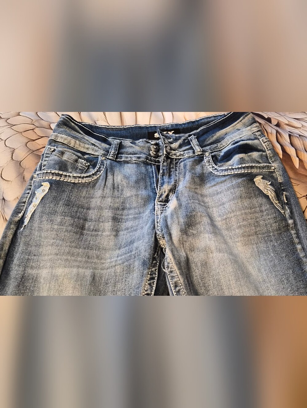 Sky Distressed Mid-Blue Flare Jeans